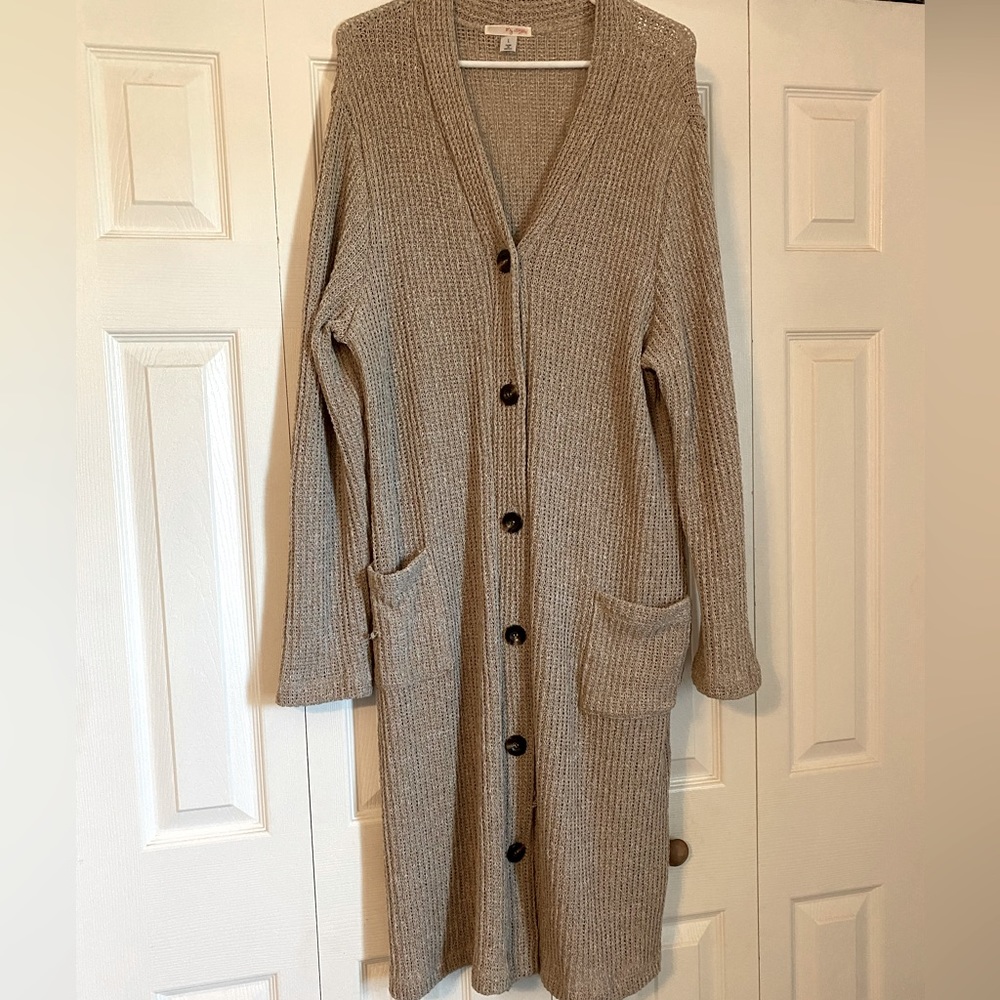 Women’s Size Large Cardigan - Tan/Khaki - Knee Length - Knit like Material